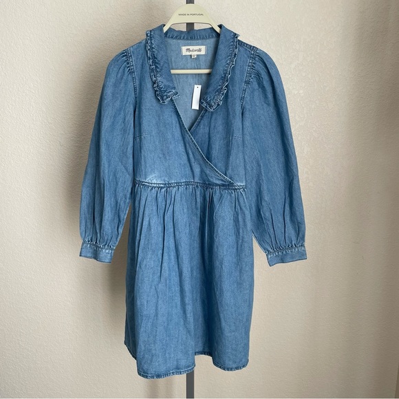 Madewell Ruffle-Collar Faux-Wrap Dress Tencel Denim Edition XXS NWT - Picture 4 of 14